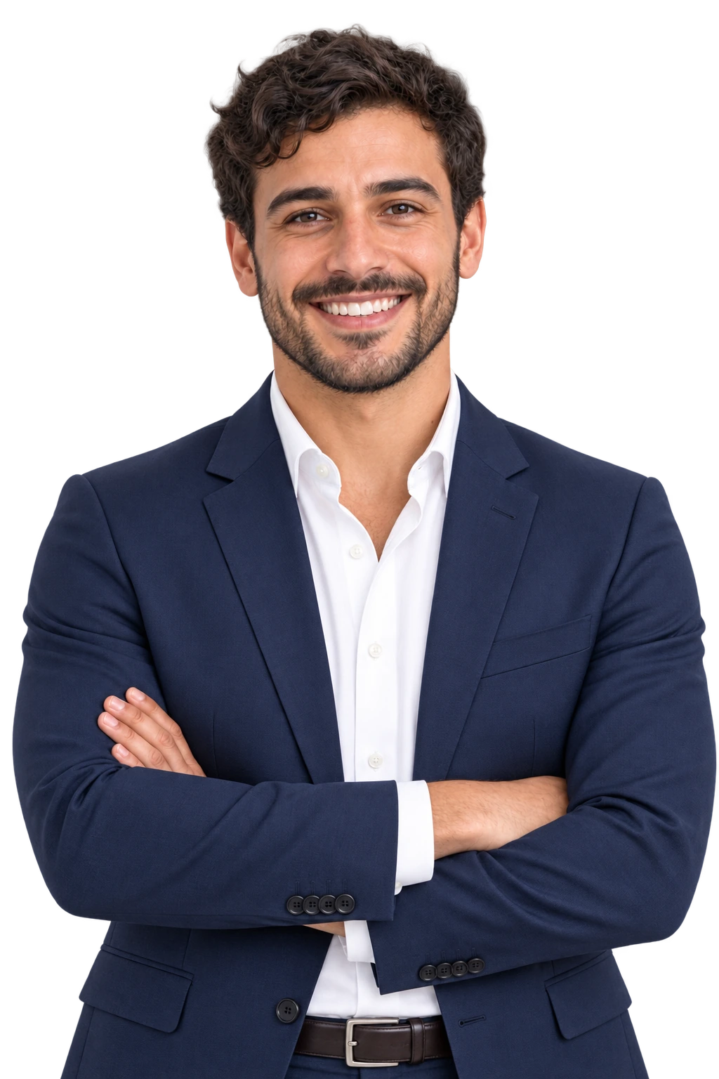 A consultant in a navy suit, arms crossed